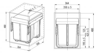 schéma<br />Kôš na odpad. 400 šedy 20L+20L -&nbsp;Použitý guličkový plnovýsuv