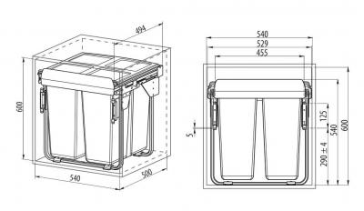 schéma<br />Kôš odpad. 600mm antracit 2x34L ČELO -&nbsp;Použitý Modern plnovýsuv