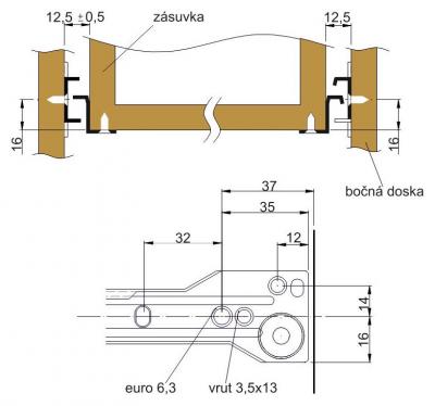 schéma<br />Zásuvkový výsuv 250mm biely spodný