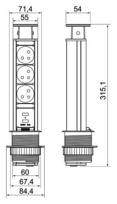 schéma<br />Výsuvna zás. 6cm USB+3x220V čierna