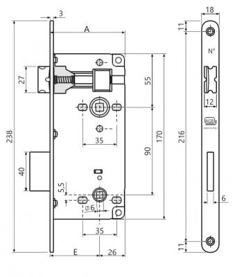 schéma<br />Zámok WC 90/75/18 mosadz 7.5cm